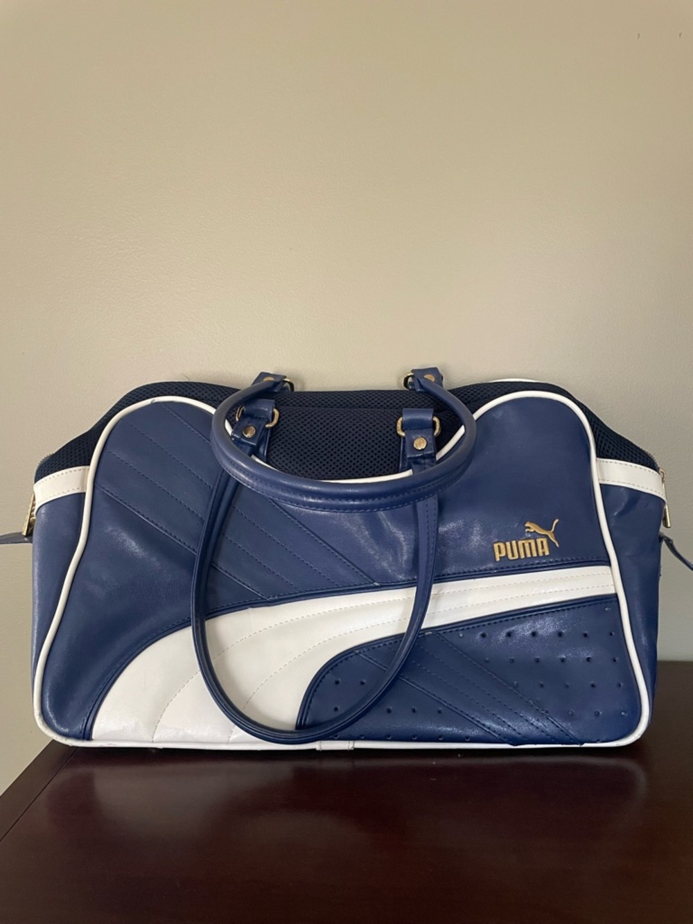 Puma Navy and White Structured Shoulder Bag with Gold Logo